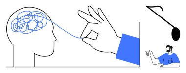 El, karmaşık bir halatı nazikçe kafasından çeker, kafa karıştırıcı düşünceler için bir metafor. Akıl sağlığı, terapi, problem çözme, yaratıcılık, farkındalık, bilişsel davranış terapisi, stres terapisi için ideal