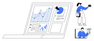 Çeşitli grafik ve grafikleri gösteren dizüstü bilgisayarı aç. Dosyaları ve kupası olan bir iş kadını ve elinde kupa tutan bir iş adamı. Veri analizi, takım çalışması, iş başarısı, motivasyon ve amaç için ideal