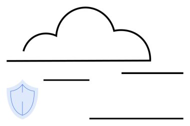 Mavi kalkan sembolü ve yatay çizgileri olan minimalist bulut grafiği güvenli veri transferini gösteriyor. Teknoloji, siber güvenlik, bulut depolama, bilişim çözümleri, ağ güvenliği, mahremiyet, soyut