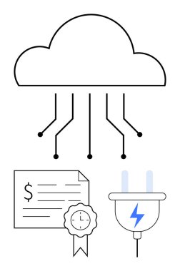 Kablolu bulut dolar işaretli dijital sertifika ve yıldırımlı elektrik prizi. Bulut hesaplama, dijital finans, sertifika, teknoloji, enerji ve bağlantı için ideal