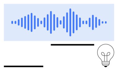 Siyah çizgilerle çevrili mavi bir ses dalgası ve fikirler için bir ampul sembolü. Teknoloji, ses mühendisliği, yaratıcılık, yenilik, beyin fırtınası, ses tasarımı, soyut düz metafor için ideal