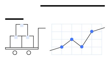 Yukarı doğru eğilimli noktalı çizgi grafiğinin yanında istiflenmiş kutular olan araba. Ticari büyüme, lojistik, tedarik zinciri, pazar analizi, üretkenlik, strateji, soyut düz metafor için ideal