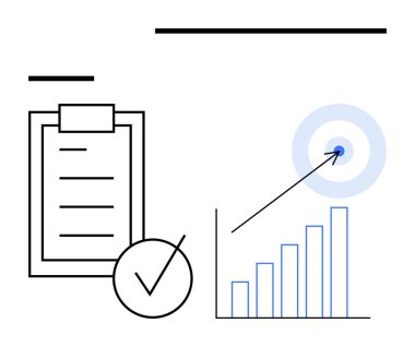 İşaretli pano kontrol listesi, yukarı doğru çubuk grafiği ve oklu hedef. Ticari hedefler, veri analizi, performans, strateji planlaması, üretkenlik, başarı ölçümleri için ideal düz çizgi