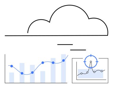 Çubuk grafiği olan ve veri noktasına odaklanmış bir bulut simgesi. Analiz, bulut hesaplama, tahmin, iş stratejisi, araştırma, büyük veriler, soyut düz metafor için ideal