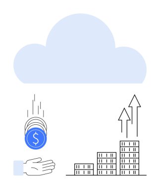 Bozuk paralar el ele, çizelgeler yukarı doğru ok şeklinde bulutlar altında. Finans, bulut hesaplama, yatırımlar, iş büyümesi, analitik, teknoloji, soyut düz metafor için ideal