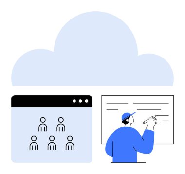 Tarayıcı penceresinin üzerinde büyük bulut grafiği kullanıcı simgelerini ve beyaz tahtada öğretmenlik yapan birini gösterir. Bulut hesaplama, çevrimiçi toplantılar, uzaktan çalışma, sanal öğrenme, SaaS platformları için ideal