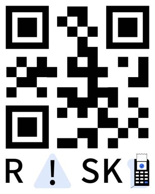 QR code combined with exclamation mark triangle, letters R and SK with a receipt-thumbs up icon. Ideal for cybersecurity, financial risk, safety warnings, tech education, digital information, data clipart