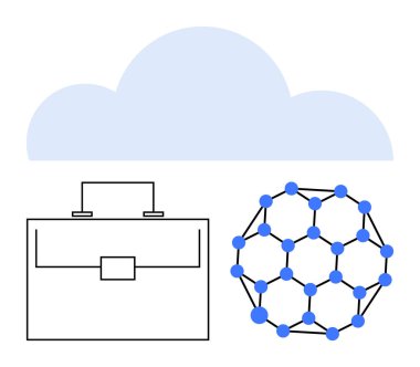 Mavi bulut, çizgi sanatı evrak çantası ve moleküler yapı teknolojisi, veri paylaşımı ve ticari yenilik. Bulut depolama, dijital dönüşüm, ağ oluşturma, modern bilişim ekibi çalışması için ideal