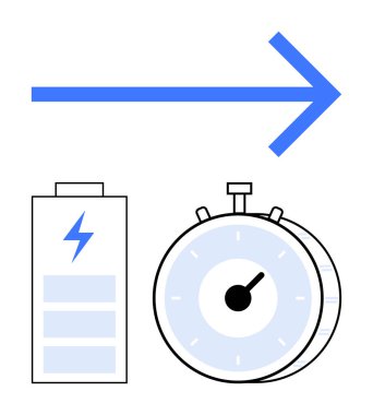 Mavi ok batarya ikonu ve kronometre yanında hız, enerji ve optimizasyon taşır. Üretkenlik, zaman yönetimi, verimlilik, yenilenebilir enerji, yenilik, performans soyut çizgisi için ideal