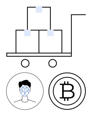 Yığılmış kutular, Bitcoin sembolü, yüz tanıma simgesi. E-ticaret, lojistik, engelleme zinciri, dijital güvenlik, kimlik doğrulama fintech çevrimiçi alışveriş için ideal. Soyut satır düzlüğü