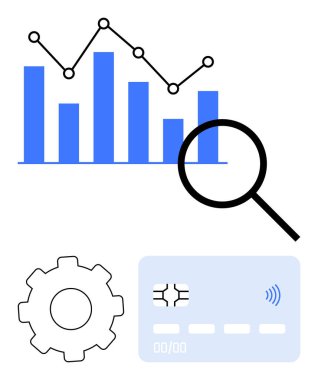 Barın üzerindeki büyüteç, grafik, dişli ve kredi kartı analizi, optimizasyon, finans, teknoloji. Analiz, fintech, ödeme sistemleri araştırma stratejisi yeniliği için ideal