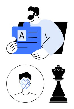 Erkek figürü mavi yapboz parçasını elinde tutuyor metin, yüz tanıma ikonu, satranç piyonu. Strateji için ideal, yapay zeka, planlama, kimlik, problem çözme, karar verme ekibi çalışması. Soyut çizgi düz metafor