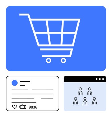 Alışveriş arabası ikonu e-ticareti simgeler. Aşağıda, sosyal medya profili baş parmaklar yukarı yorumlar ve kullanıcı grubu simgeleriyle. Çevrimiçi alışveriş, sosyal medya, topluluk etkileşimi ve markalaşma için ideal