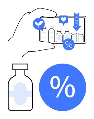 İlaç şişelerini, indirim simgelerini, çevre dostu sembolleri ve satış göstergelerini gösteren akıllı telefonlar. E-ticaret, sağlık, indirimler, çevre dostu ürünler, çevrimiçi satışlar için ideal