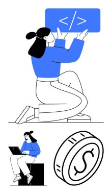 Diz çökmüş kod elemanı olan bir kadın, dizüstü bilgisayar kullanan bir başkası ve bir madeni para simgesi. Teknolojik yenilik, yazılım geliştirme, finans, üretkenlik, çevrimiçi eğitim, kodlama soyut çizgisi için ideal