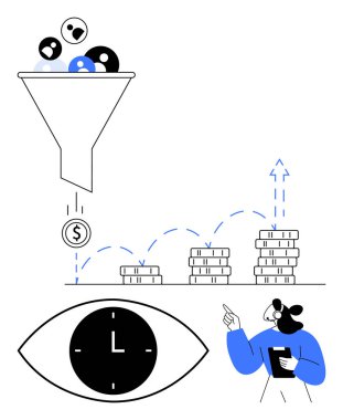 Kullanıcıları kazanca filtreleme hunisi, birikmiş paralar gelir büyümesini, zaman odaklı büyük saati ve eğilimleri analiz eden kişiyi sembolize eder. İş, pazarlama, satış, zaman ve verimlilik için ideal