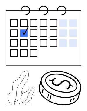 İşaretli takvimde olay ya da teslim tarihi, madeni parayı temsil eden dolar ve minimalist bir bitki var. Mali planlama, bütçe, teslim tarihleri, programlar, organizasyon için ideal