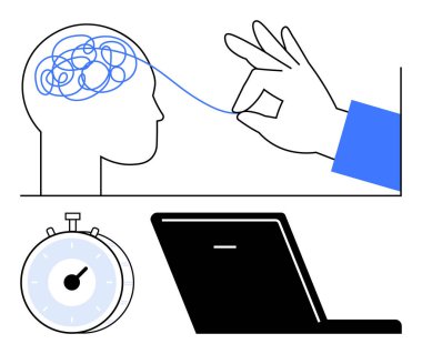 Çözülen beyin girdabı, kronometre ve problem çözme, odaklanma, zaman yönetimi, üretkenlik, zihinsel sağlık, kritik düşünce yeniliklerini temsil eden dizüstü bilgisayar. İş hayatı için ideal bir yer.