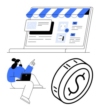 Bilgisayarda e-ticaret sitesi arayüzü, kadın alışverişçi dizüstü bilgisayarla keşif yapıyor, büyük para sembolü. Çevrimiçi alışveriş, e-ticaret büyümesi, ödemeler, dijital ekonomi, müşteri davranışları için ideal