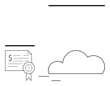 Saat mührü sertifikası, minimalist bir bulut sembolünün bitişiğindeki onaylanmış başarıları gösterir. Dijital sertifikalar, bulut hizmetleri, güvenli işlemler, belge yönetimi için ideal, çevrimiçi