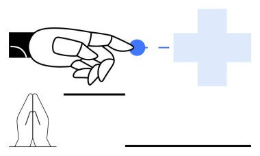 Robotik el, altında dua eden ellerle çapraz sembolün yanındaki mavi daireye uzanıyor. Teknoloji, sağlık, maneviyat, destek, inanç, insan bağlantısı için ideal, soyut çizgi düz metafor