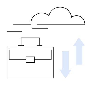 Veri transferini temsil eden bulut ve yön okları olan evrak çantası. Veri depolama, bulut hesaplama, dosya değişimi, iş araçları, takım çalışması, uzaktan çalışma, soyut çizgi düz metaforu için ideal