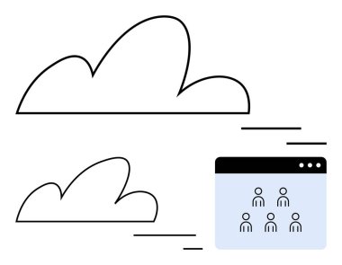 Soyut bulutlar ve sanal takım toplantı penceresi çevrimiçi işbirliği, uzaktan çalışma ve bulut hesaplamasını temsil ediyor. Teknoloji, takım çalışması, veri depolama, sanal iletişim, ağ oluşturma için ideal