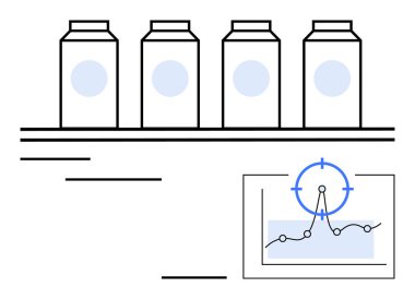 Rafta, veri eğilimlerini vurgulayan bir performans grafiği ve işaretleyici bulunan şişeler. Envanter yönetimi, tedarik zinciri, analitik, perakende, lojistik, izleme, soyut düz çizgi için ideal