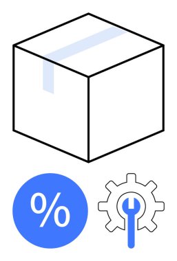 İçinde bant olan bir kutu, mavi indirimli yüzdelik tabela, ingiliz anahtarı olan bir alet. E-ticaret, indirimler, satışlar, nakliyat, bakım, servis araçları için idealdir.
