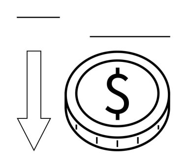 Para kaybını, değer kaybını ya da ekonomik çöküşü gösteren doların yanında aşağı doğru ok. Finans, yatırım, tasarruf, ekonomi, refah kaybı, bütçe çizgisi düz metaforu için ideal