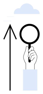 El ele tutuşan büyüteç, yukarı bakan siyah ok, arka planda mavi bulut. Büyüme stratejileri, fırsat arayışı, başarı analizi, vizyon kavramları, bulut hesaplaması için ideal