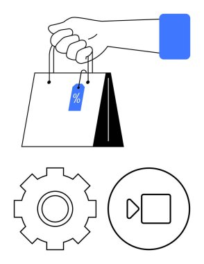 İndirimli etiketli el çantası, ayarlar için teçhizat, medya için çalma tuşu. Çevrimiçi alışveriş, perakende satış, indirim, pazarlama, e-ticaret, özelleştirme soyut çizgisi düz metaforu için ideal