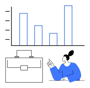 Bar çizelgesini gösteren bir kadın, işi simgeleyen bir evrak çantası. Takım iletişimi, analitik, büyüme stratejisi, sunumlar, girişimcilik, araştırma ve soyut düz metafor için ideal