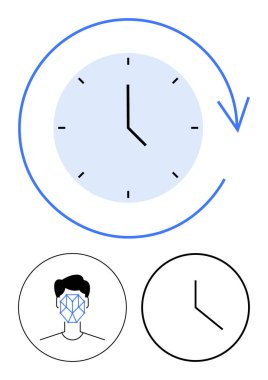Zaman döngüsü için dairesel oklu saat, tanımlama ızgaralı insan yüzü ve minimalist saat çerçeveli. Zaman yönetimi, yapay zeka, siber güvenlik, kimlik, verimlilik, verimlilik için ideal