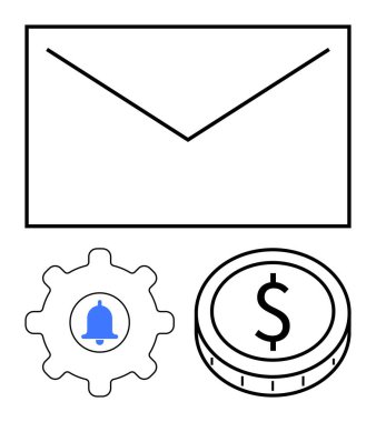 Zarf simgesi, dişli sembolü üzerindeki çan ve dolar para ana hatları iletişimi, bildirimleri ve finansal işlemleri temsil ediyor. İş için ideal, e-posta, pazarlama, teknoloji finansmanı dijital