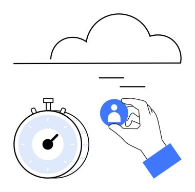 El ele tutuşan kullanıcı simgesi, zaman takibi için kronometre, asgari bulut çizgisi sanatı. HR, zaman yönetimi, bulut hizmetleri, işe alım, teknoloji, verimlilik soyut çizgisi düz metaforu için ideal