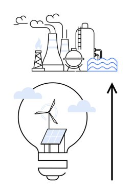 Yenilenebilir enerji kaynaklarıyla kontrastlı fabrika ve elektrik santrali güneş paneli, rüzgar türbini. Yenilik, teknoloji, sürdürülebilirlik, yeşil enerji, endüstriyel evrim, iklim hareketi, gelecek için ideal