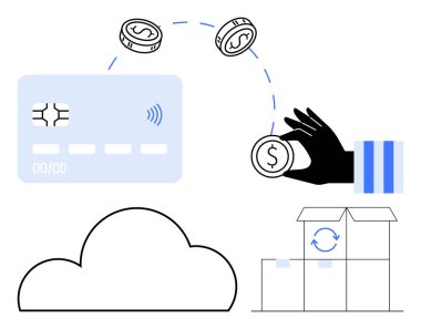 Kredi kartı, sikke, bulut ve paketler dijital ödeme ve bulut depolama entegrasyonunu gösteriyor. E-ticaret, çevrimiçi işlemler, siber güvenlik, finans teknolojisi, bulut hizmetleri için ideal