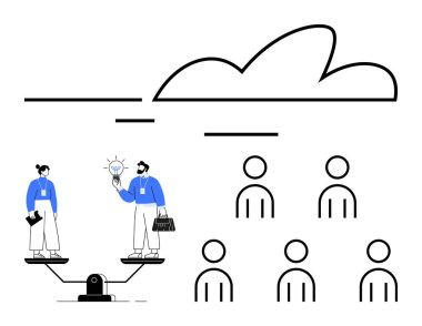 Platformda dururken fikir alışverişinde bulunan iki kişi, bir grupta altı kişi daha, bulutlar ve çizgiler. Takım çalışması, işbirliği, beyin fırtınası, yenilik, proje planlaması, ağ oluşturma için ideal