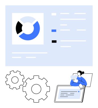 İşletme profesyoneli pasta grafiği verilerini büyük ekranda analiz ediyor ve tablet üzerinde çalışıyor. Vites ayarları ve optimizasyonu sembolize eder. Veri analizi, iş stratejisi ve teknoloji çözümleri için ideal
