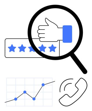 Baş parmaklar yukarı, büyüteç altında beş yıldız, yukarı doğru çizgi çizelgesi, telefon ikonu. Müşteri değerlendirmeleri, geri bildirim analizi, kalite güvencesi, iş büyümesi, iletişim, veri içgörüleri için ideal