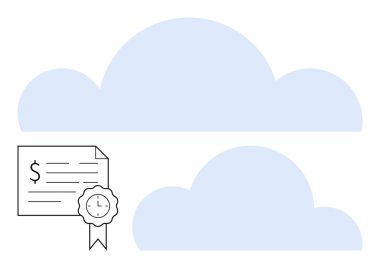 Dolar işareti, metin satırları ve onay damgalı iki büyük çakışan bulutun yanında mali belge. Finans, teknoloji, bulut hizmetleri, sertifika, dijital ekonomi ve fintech için ideal