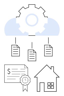 Teçhizatlı bir bulut, birbirine bağlı üç belge, kurdeleli bir dolar ve bir ev. Emlak, bulut depolama, belge yönetimi, güvenli işlemler, ev satın alma iş akışı otomasyonu için ideal