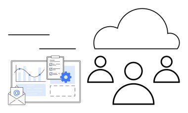 Bulut bağlantı ikonları, analizli laptop, kontrol listesi, e-posta. Takım çalışması, veri paylaşımı, bulut teknolojisi, uzak çalışma, proje yönetimi ağı soyut çizgi metaforu için ideal
