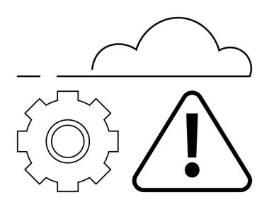 Vites, ünlem işareti üçgen ve bulut etkileşimi. Teknoloji sorunları, sistem hataları, bilişim bakımı, siber güvenlik, bulut hesaplama, veri işleme ve soyut çizgi düz metaforu için ideal