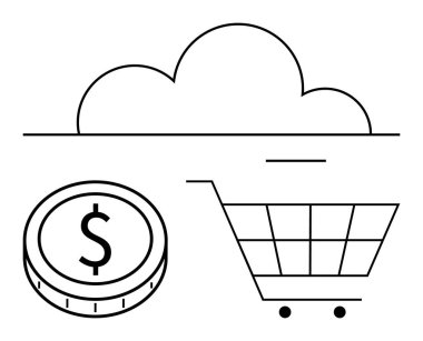 Alışveriş arabasının üstünde bulut simgesi ve para birimi parası çevrimiçi alışveriş, dijital işlemler ve e-ticareti temsil ediyor. Finans, perakende, teknoloji, SaaS, bulut ticareti ve soyut bütçe kullanımı için ideal