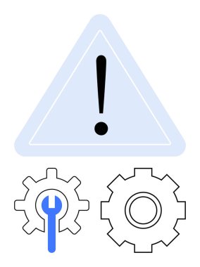 Dişlilerin üstündeki üçgende ünlem işareti ve ingiliz anahtarı. Uyarı, onarım ve sistem bakımı. Sorun giderme, alarm sistemleri, teknoloji sorunları, mühendislik, yazılım güncellemeleri, süreç için ideal