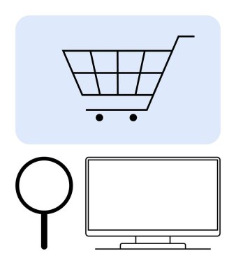 Mavi arka planda alışveriş arabası, büyüteç ve bilgisayar monitörü. E-ticaret, arama optimizasyonu, dijital pazarlama, çevrimiçi perakende, veri analizi, tüketici araştırması İnternet için ideal