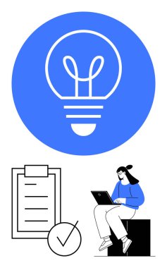 Yaratıcılığı sembolize eden ampul, planlamayı temsil eden bir kontrol listesi ve dizüstü bilgisayar kullanan oturan bir kişi. Üretkenlik, beyin fırtınası, organizasyon, yenilik, uzak çalışma, proje için ideal