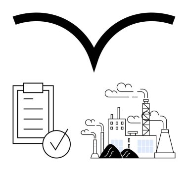 Duman yayan endüstriyel bir fabrikanın yanında işaretli bir kontrol listesi, basitleştirilmiş siyah-beyaz çizgi sanatı. Üretim, çevre uyumluluğu, denetimler, sürdürülebilirlik ve kalite için ideal